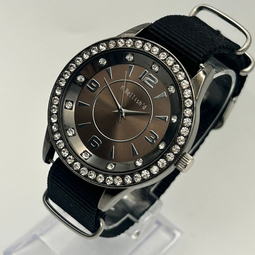 M. Bellish'd Crystal Bezel Black Fabric Strap Casual Analog Watch New Battery